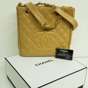 CHANEL Caviar Beige PST Chain Shoulder Bag Shopping Tote Quilted